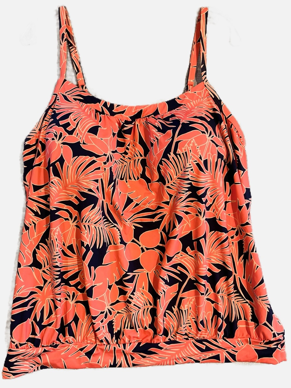 Lands' End Women’s Blouson Tankini Swimsuit Top Coral Navy Tropical Print 18